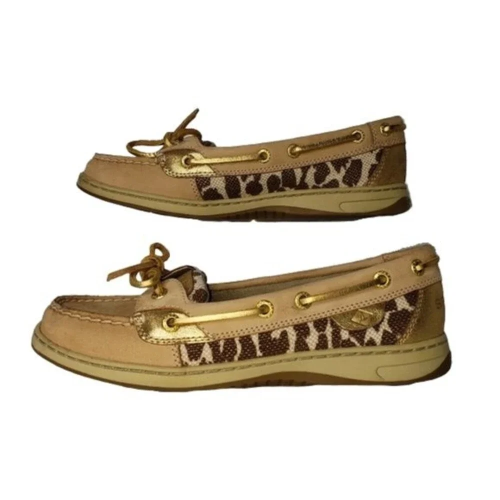 SPERRY ANGELFISH LEOPARD JACQUARD SLIP-ON BOAT SHOES TOPSIDER TAN/GOLD SIZE 6.5